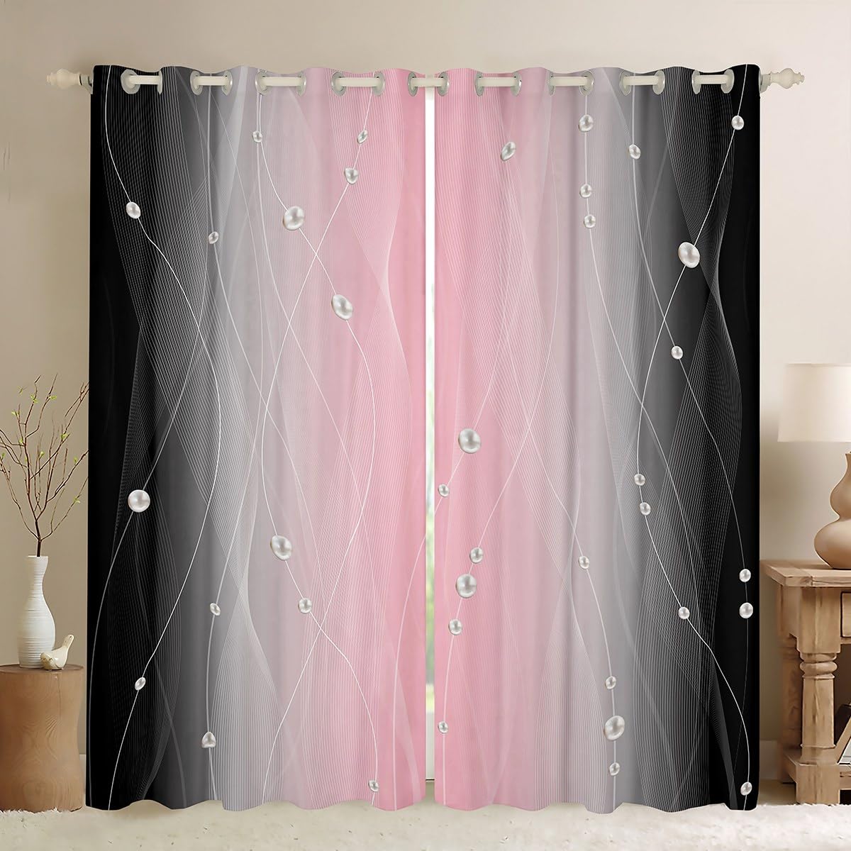 Homemissing Pink and Black Darkening Drapes Strip Lines Curtains for Bedroom Living Room For Kids Women Men Ombre Pearl 30%-50% Blackout Curtains Geometric Window Treatments W66*L72