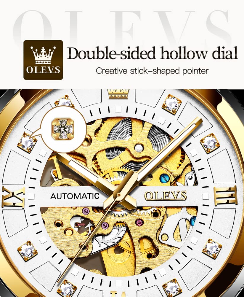 OLEVS Men’s Gold Skeleton Watch Automatic Mechanical self Winding Luxury Dress Stainless Steel Waterproof Luminous Wrist Watches