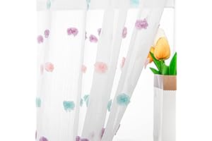 MYSKY HOME Small Curtains for Kitchen Windows Rainbow Pom Pom Curtains for Bedroom Light Filtering White Sheer Curtains for Nursery Cafe Bathroom Privacy Rod Pocket Voile 52 x 45 inch 2 Panels