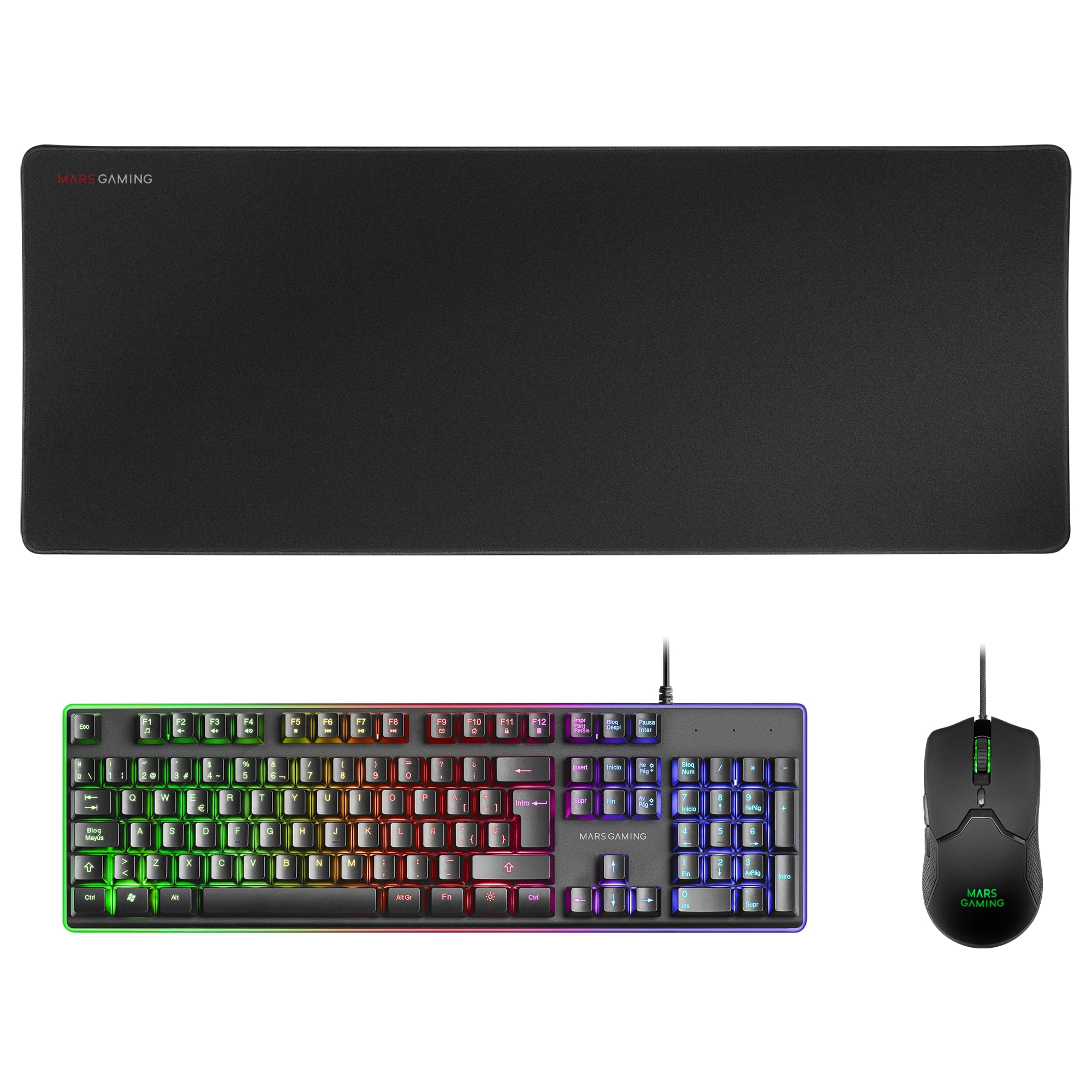 Mars Gaming MCPX, Spanish Layout, 3-in-1 Gaming Combo with H-MECH Backlit Keyboard, Ultralight 10000 DPI Mouse with Software and XXL Mouse Pad, Compatible with PC, PS4, PS5, Xbox, Black