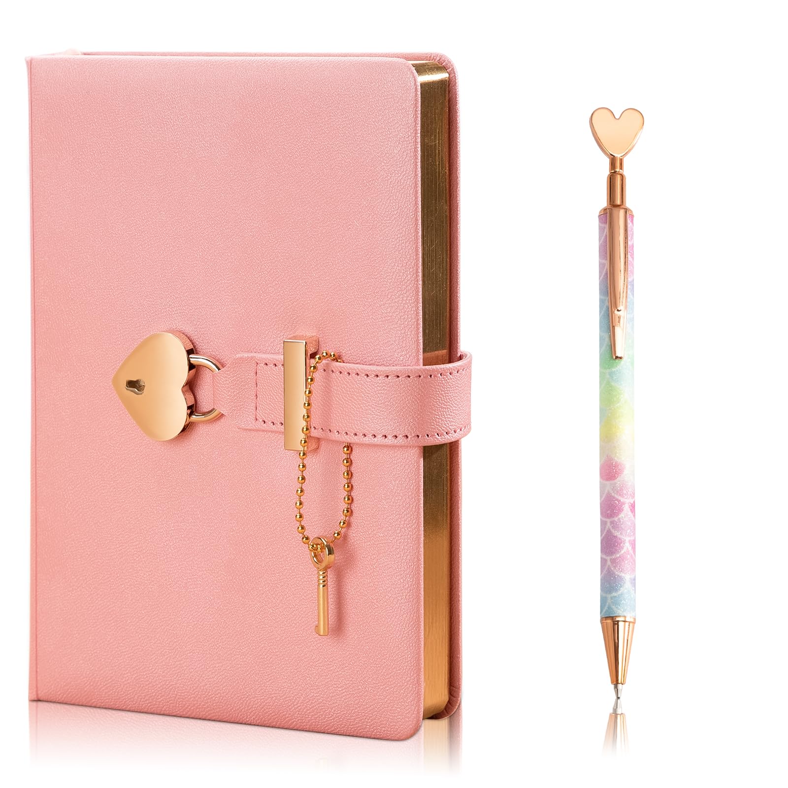 HOTKMB Notebook A6 Journal With Heart Shaped Lock + Heart Ballpoint Pens PU Leather Cover Personal Planner Organizers for Girls and Women Gold Rose