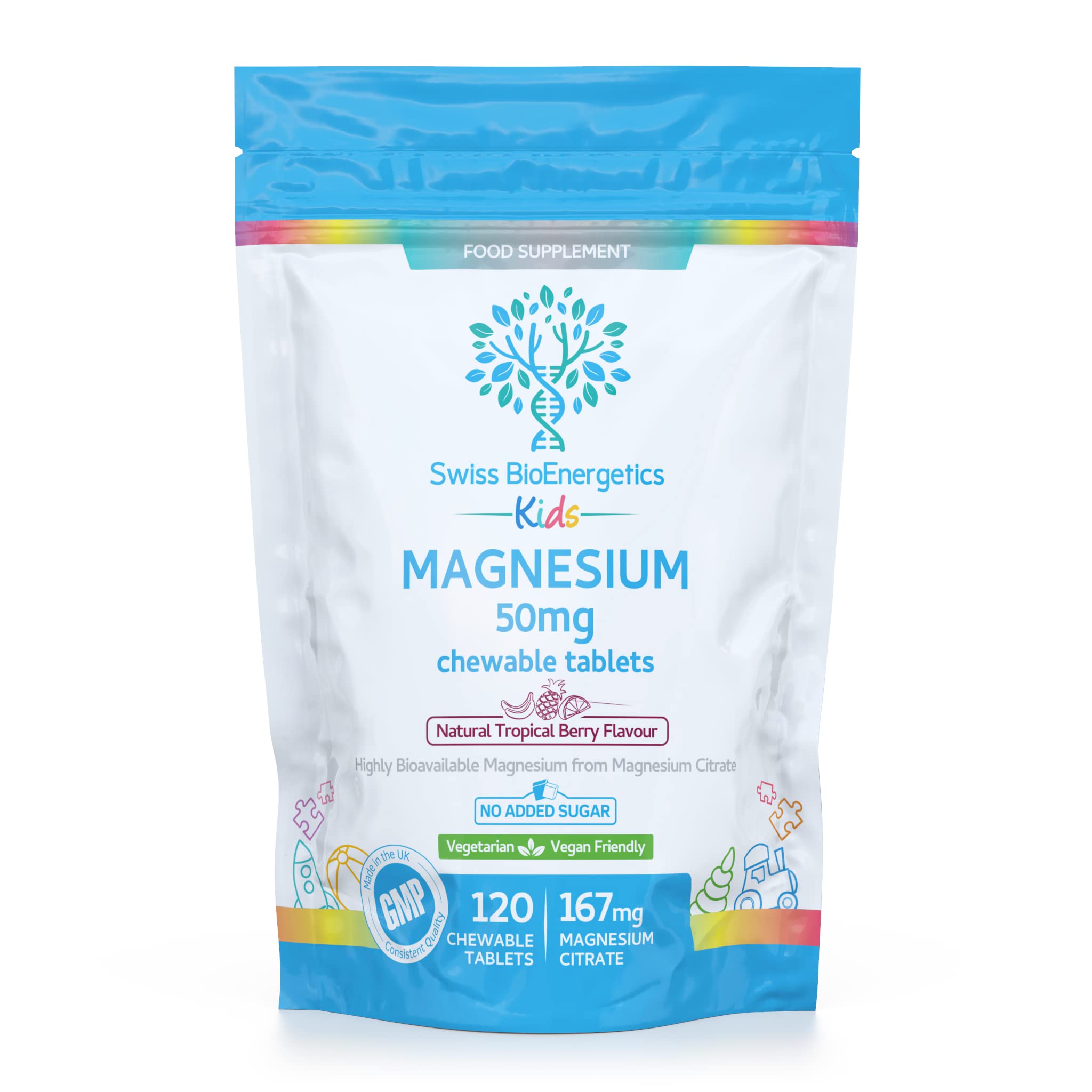 Magnesium Chewable Tablets 50mg – Balanced Dosage for Children from 167mg of Magnesium Citrate – Easily absorbable & Highly bioavailable - Tropical Berry Flavour with no Added Sugar - Vegan & UK Made
