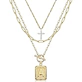 MJartoria Layered Initial Necklaces for Women Trendy, 14K Gold Plated Brass Simple Dainty Cross Choker Square Letter Pendant Necklace, Paperclip Chain Necklaces Jewelry
