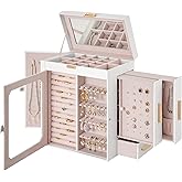 HOOBRO Jewelry Box with Mirror, Travel Jewelry Organizer with Glass Window, Jewelry Storage Case, Vertical Storage, Gift for Loved Ones, for Earrings, Rings, Necklaces, Bracelets, White WT03JB04G2