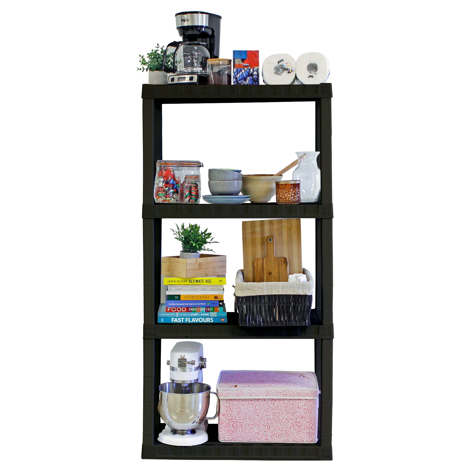 Oskar Garage Shelving Units 4 Tier Shelves Freestanding Multipurpose Organizer Heavy Duty Storage Racking Shelf 180kg Load Capacity 45kg Per Bay for Warehouse Workshop Office Black 35x76x144cm Plastic