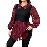 GORGLITTER Women's Plus Size 2 in 1 Tops Floral Bishop Long Sleeve Collar Uffle Hem Business Causal Shirt