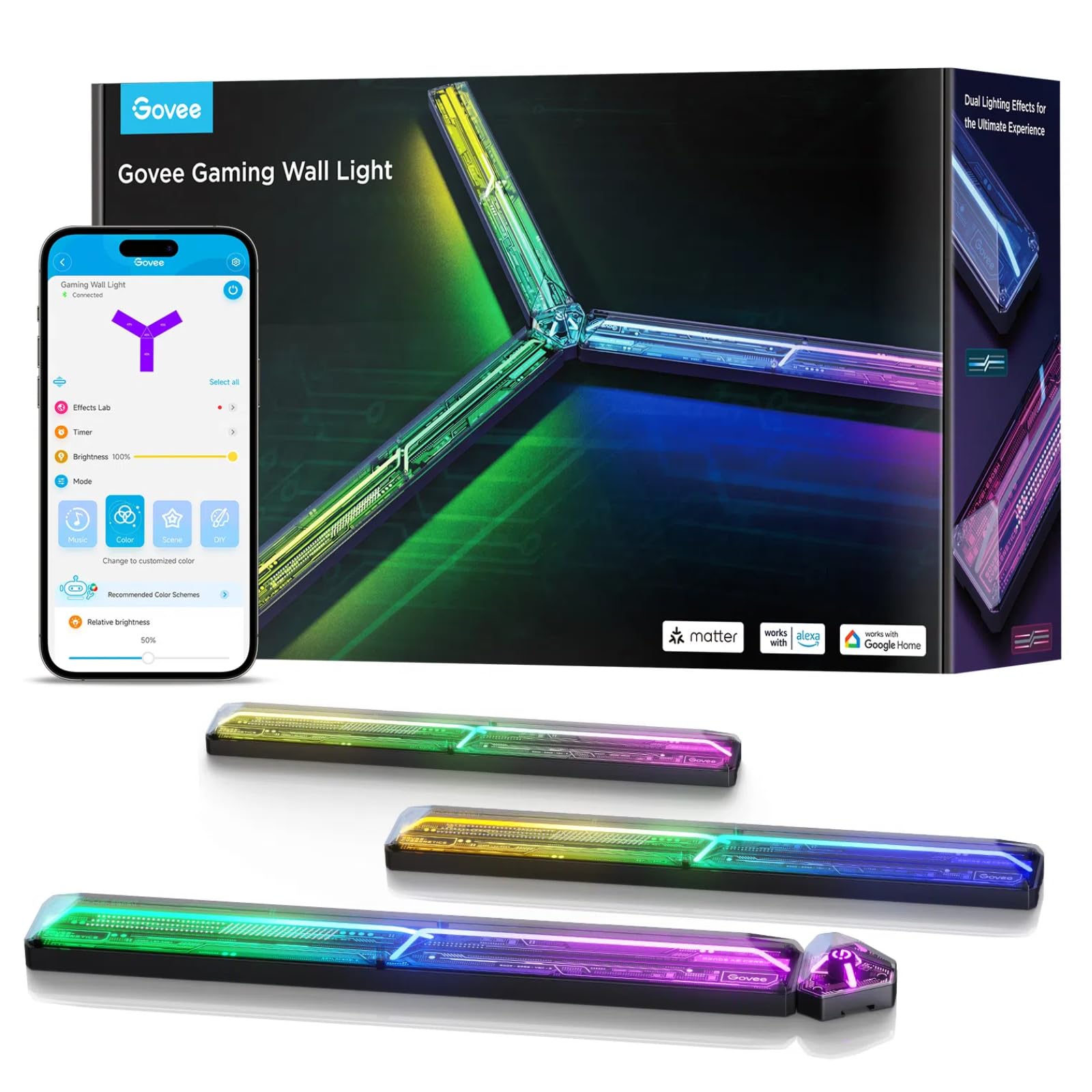 Govee LED Gaming Glide Wall Light, RGBIC Wall Lamp with DIY Cyberpunk Style Shapes and Multicolours, 60+ Scenes Lighting Effects, Smart Light Work with Matter and Alexa, 3pcs and 1 Connector