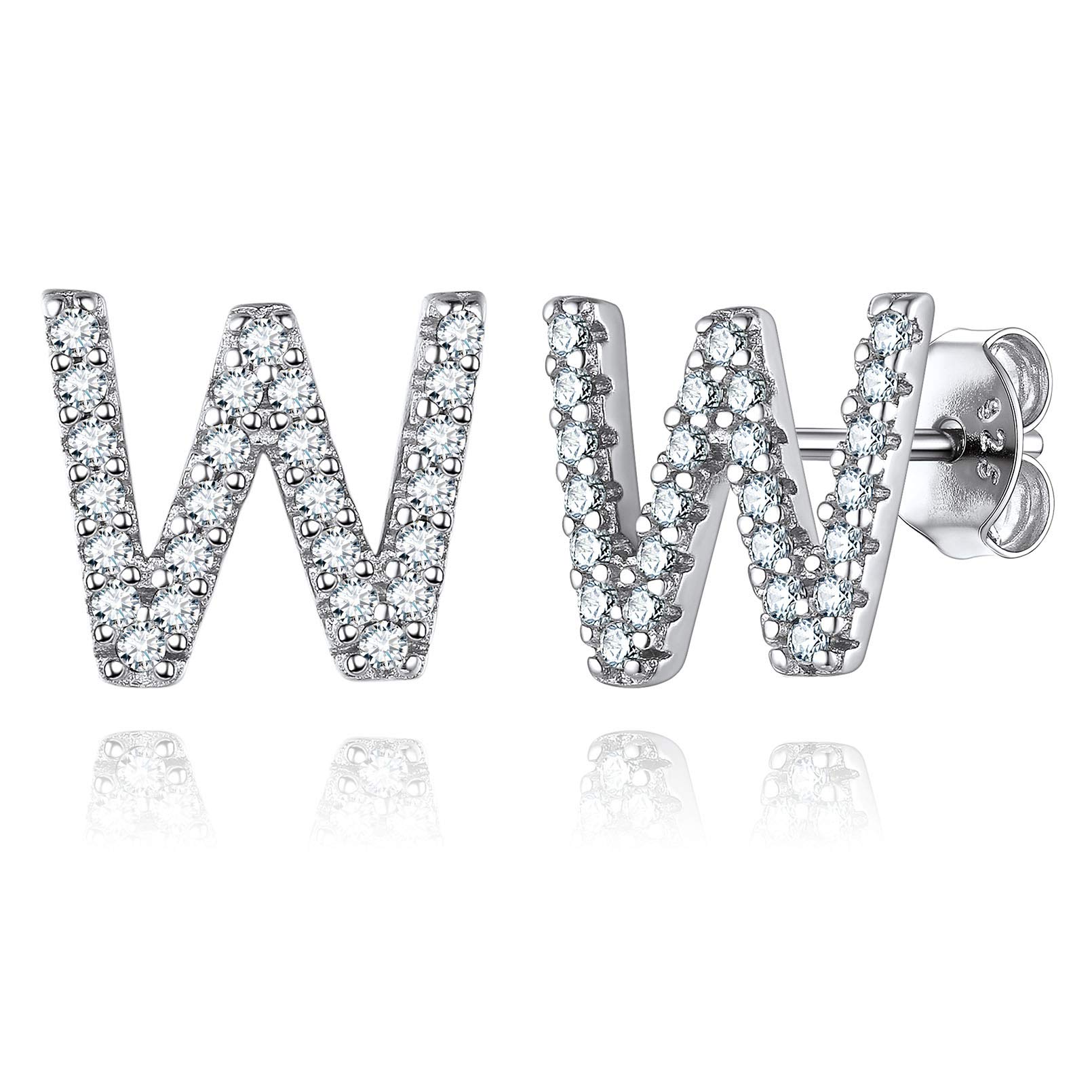 ChicSilver Cubic Zirconia Letter W Initial Earrings Monogram Jewelry 925 Sterling Silver Post Earring Studs for Women