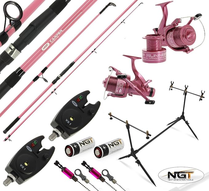 NGT 2 x PINK CARP FISHING RODS + REELS + POD + ALARMS WOMENS CARP