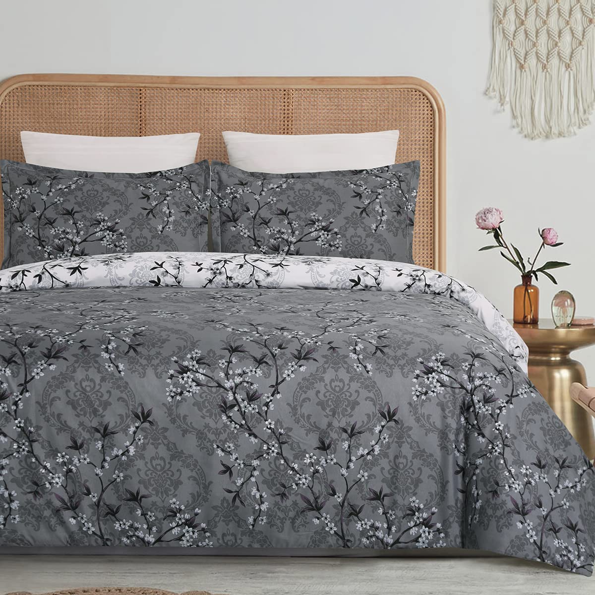 YEPINS Soft Brushed Microfiber Duvet Cover Set with Zipper Closure and Corner Ties, Branch Floral and Paisley Printed Pattern, Reversible Design, Gray and White Colour-King Size — image 1