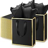 Yeaqee 50 Pack Metallic Gift Bags with Handle and Tissue Paper Gold Foil Thank You Bag for Valentine Wedding 5 Groomsmen Bridal 5 Senses Gifts Holiday Party Favors 9x7x3.15''(Black Gold)