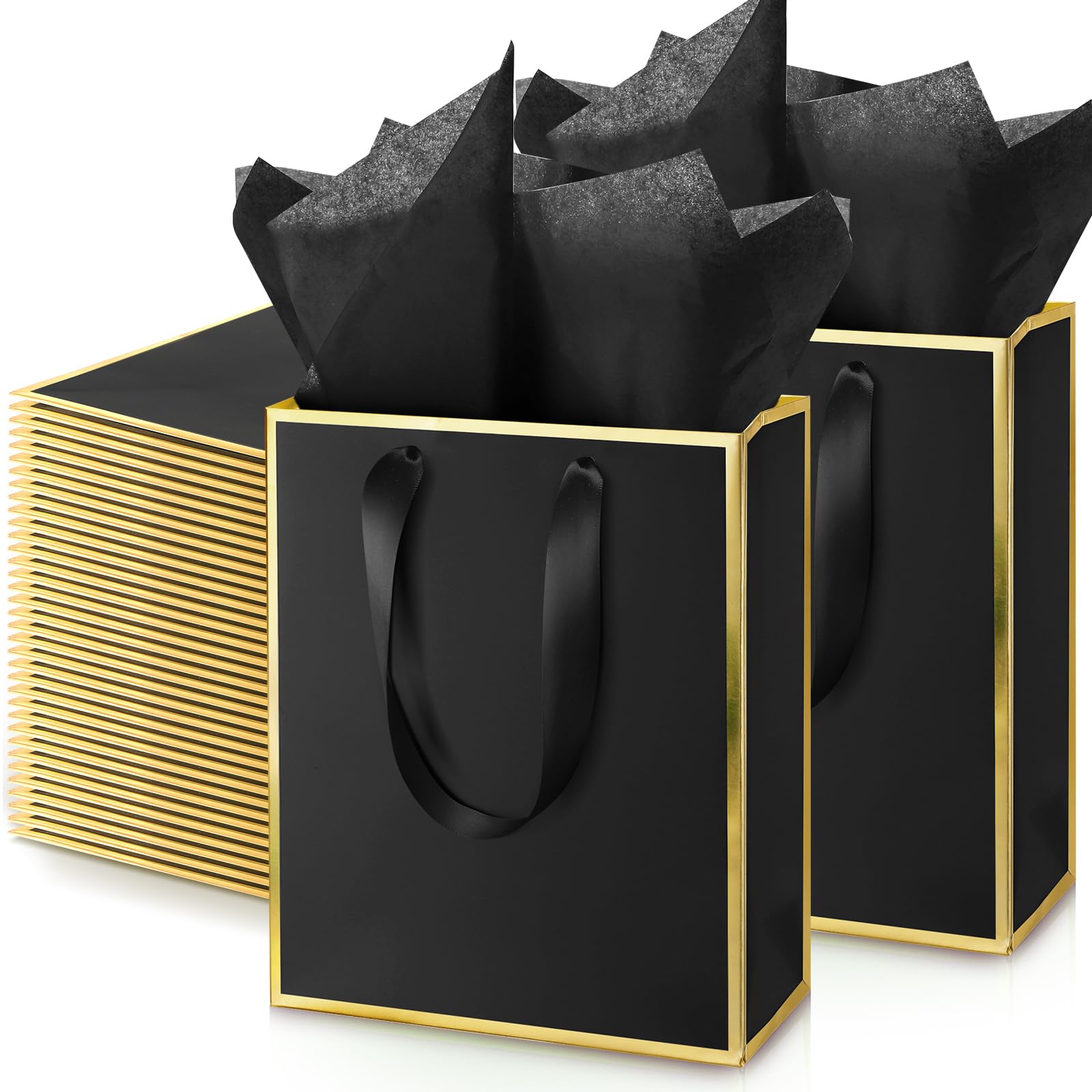 Photo 1 of Yeaqee 50 Pack Metallic Gift Bags with Handle and Tissue Paper Gold Foil Welcome Bag for Wedding Guest Fall Party Hotel Guest 5 Senses Gifts Birthday Baby Shower Holiday 9x7x3.15''(Black Gold)