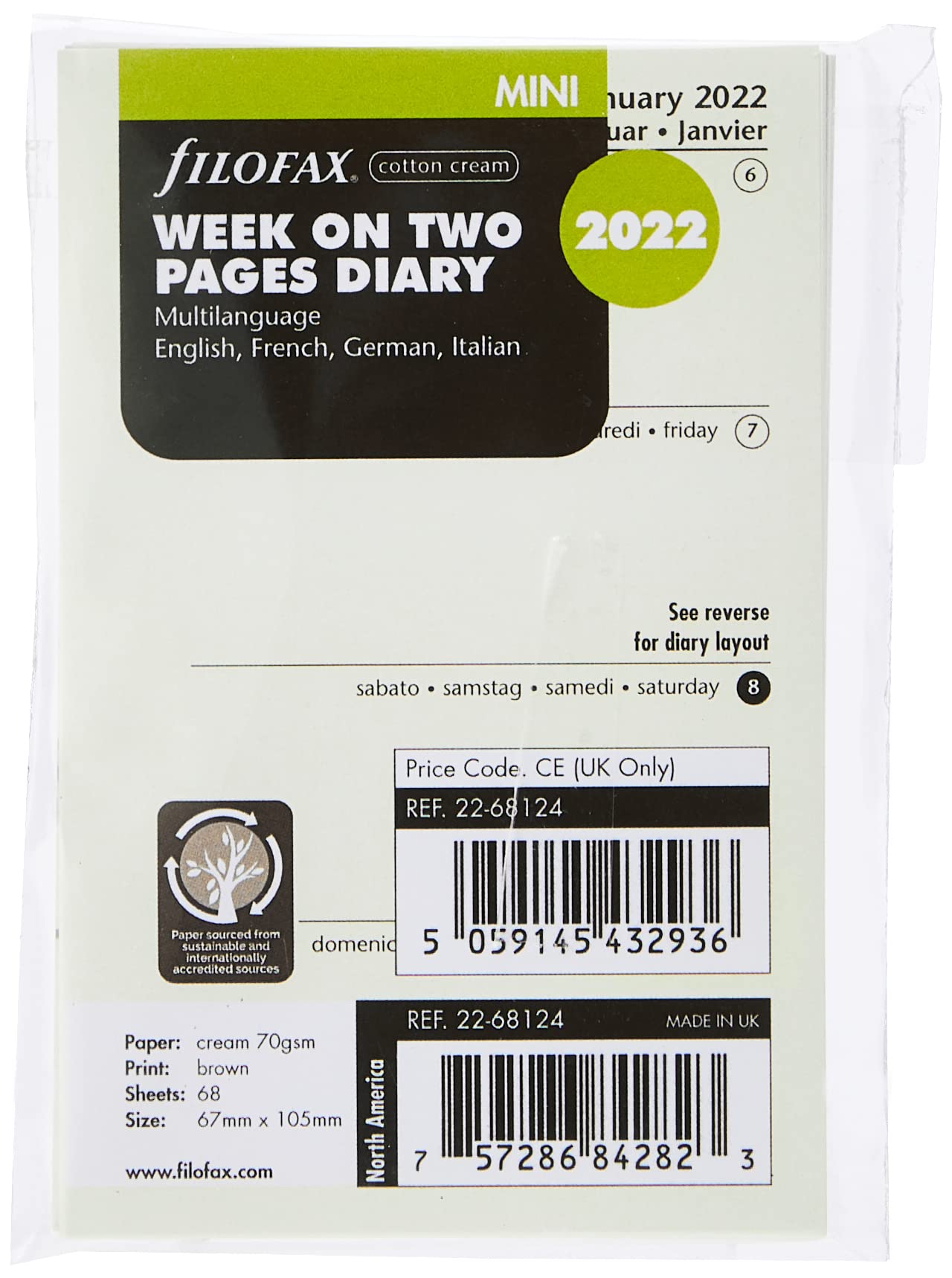 Filofax Mini Week on Two Pages 4 Language Cotton Cream 2022 Diary 22-68124