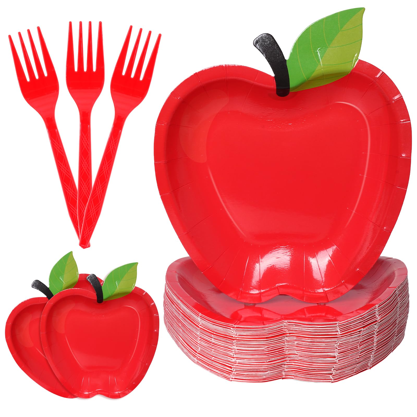 Photo 1 of cnomg 100 Pcs Red Apple Paper Plates Red Apple Party Paper Plates with Fork Disposable Tableware for 50 Guests Christmas Graduation Party Supplies