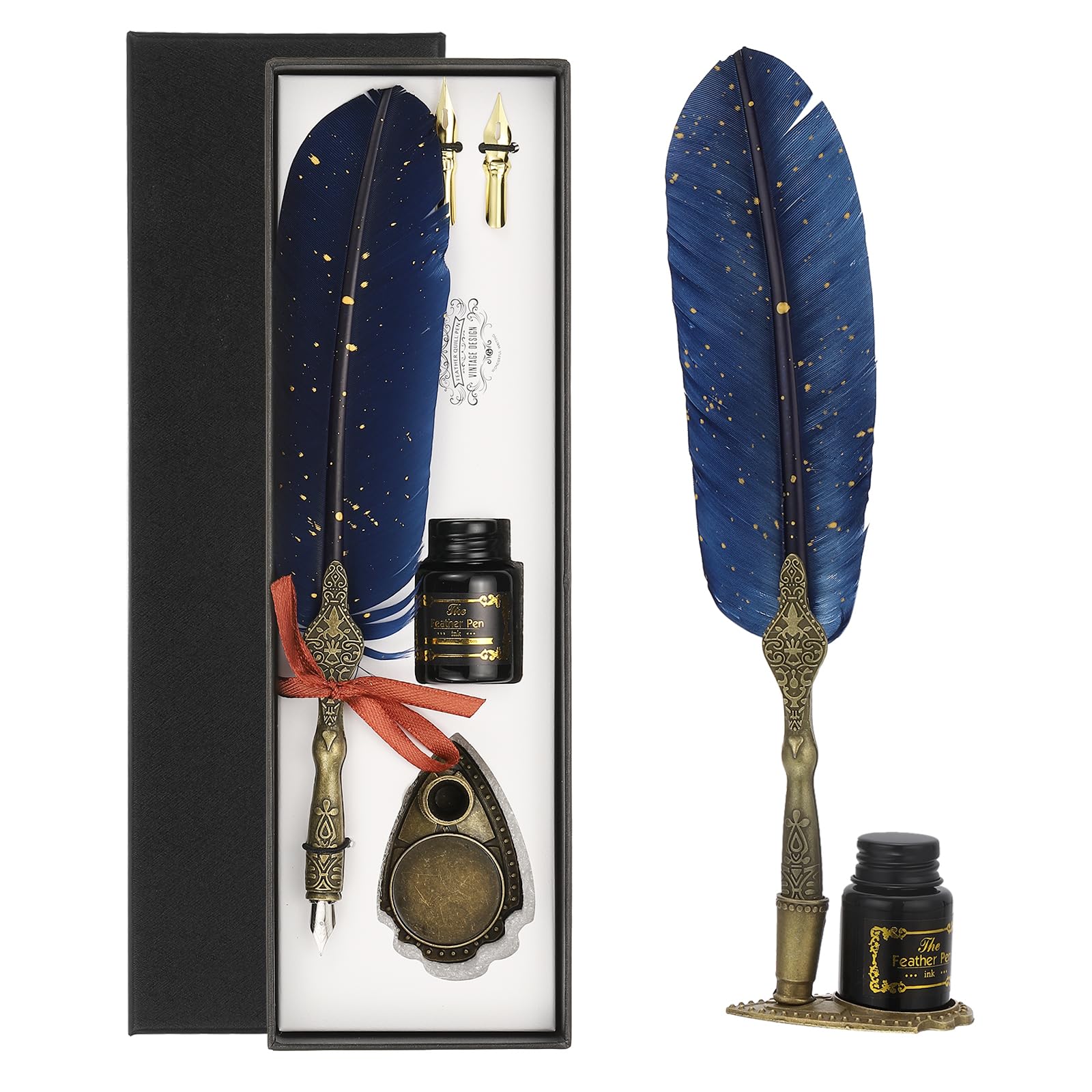 PATIKIL 25cm/10 Carved Feather Pen Set, Vintage Quill Pen with Ink Set 2 Replacement Nibs Stand Base for Calligraphy Writing Dip Pen Office Gifts, Navy Blue