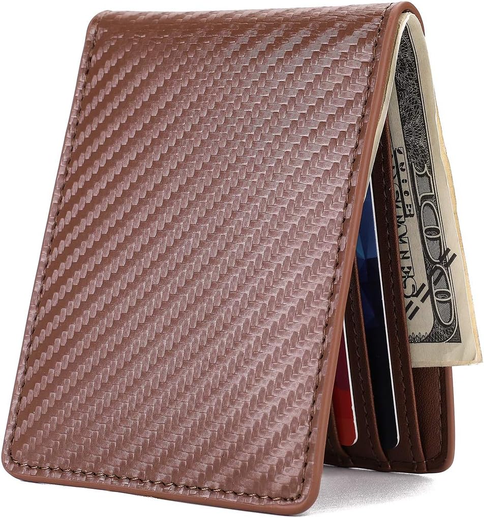 Mens Slim Front Pocket Wallet ID Window Card Case with RFID Blocking - Carbon Fiber Texture Coffee