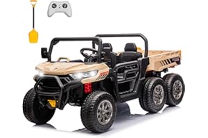 sopbost 2 Seater 24V Kids Ride On Truck with Electric Dump Bed, Extra Shovel, 4WD Battery Powered Ride On Toy Car with Remote Control, Music Play, EVA Tires Wheels, Quicksand