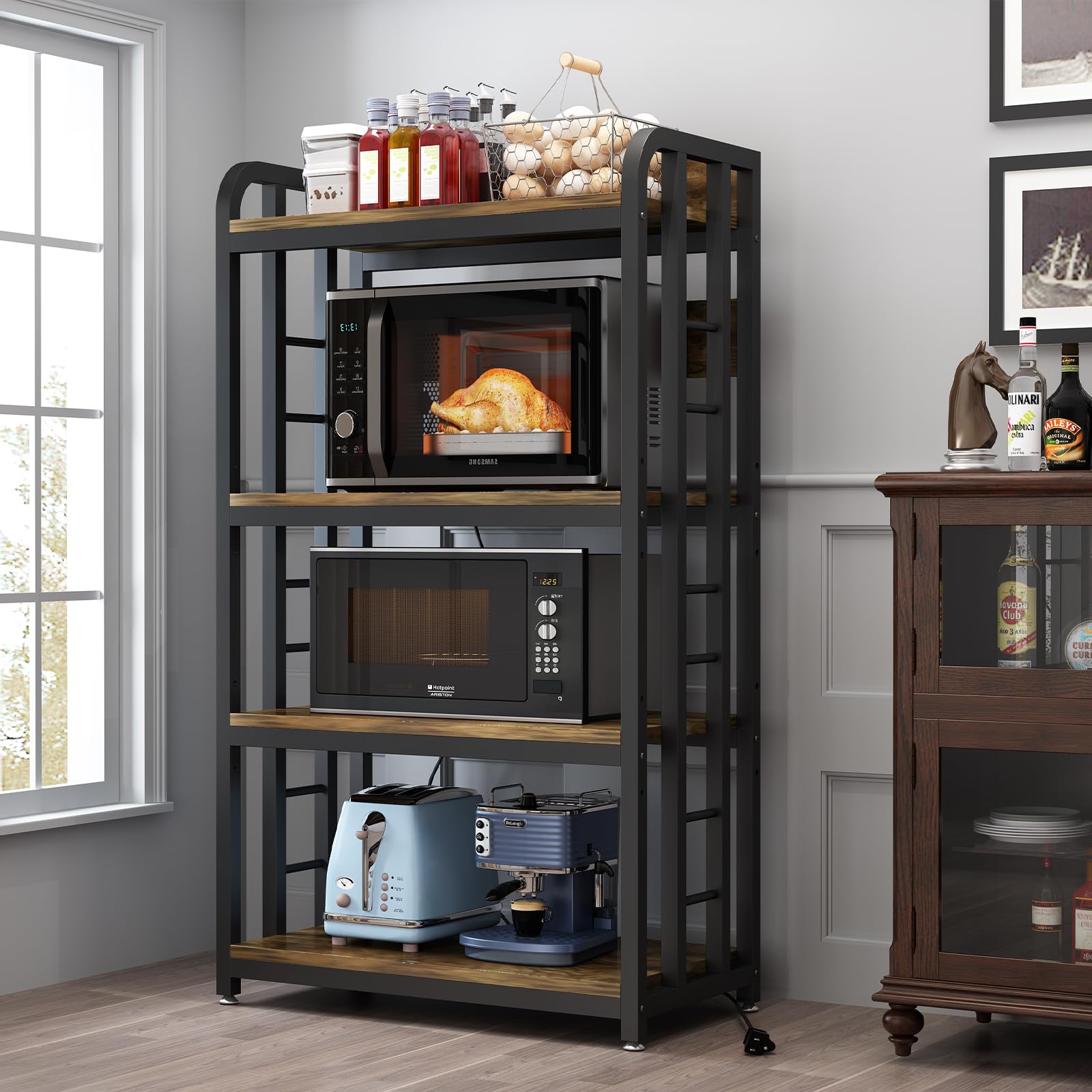 Photo 1 of SIREDEEP Bakers Rack with Power Outlet ?4-Tier Kitchen Baker's Rack,Microwave Stand with Storage Suitable for Kitchen, Living Room, Dinning Room?Coffee Bar(Rustic Brown)