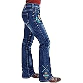 Flamingals Mid Waist Boot Cut Jeans for Women Stretchy Trendy Wash Feather Embroidery Boho Denim Jeans
