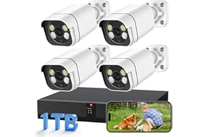 WESECUU 4K Security Camera System, 4pcs 2K PoE Wired Turret Cameras with Human Detection and 2 Way Talk, Color Night Vision, 8MP 4CH NVR with 1TB Hard Drive for 24/7 Local Recording, No Subscription