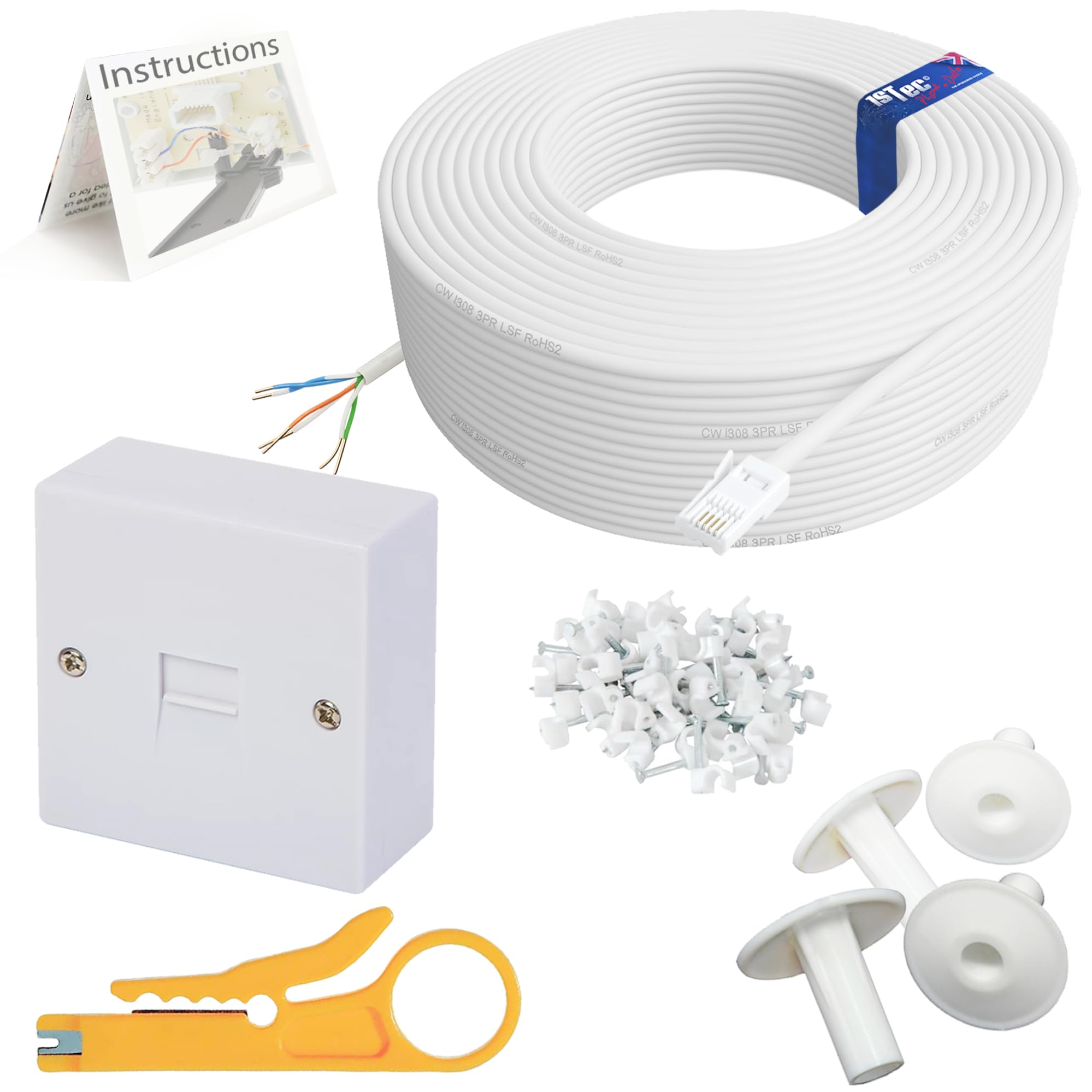 1STec 20m DIY BT Openreach Phone/ADSL Fibre Broadband Kit with Solid Core Twisted Pair Cable + Plug + 2/3a Surface Mount Wall Box + Grommets + Clips + Screws + Instructions (20 Metre, White)