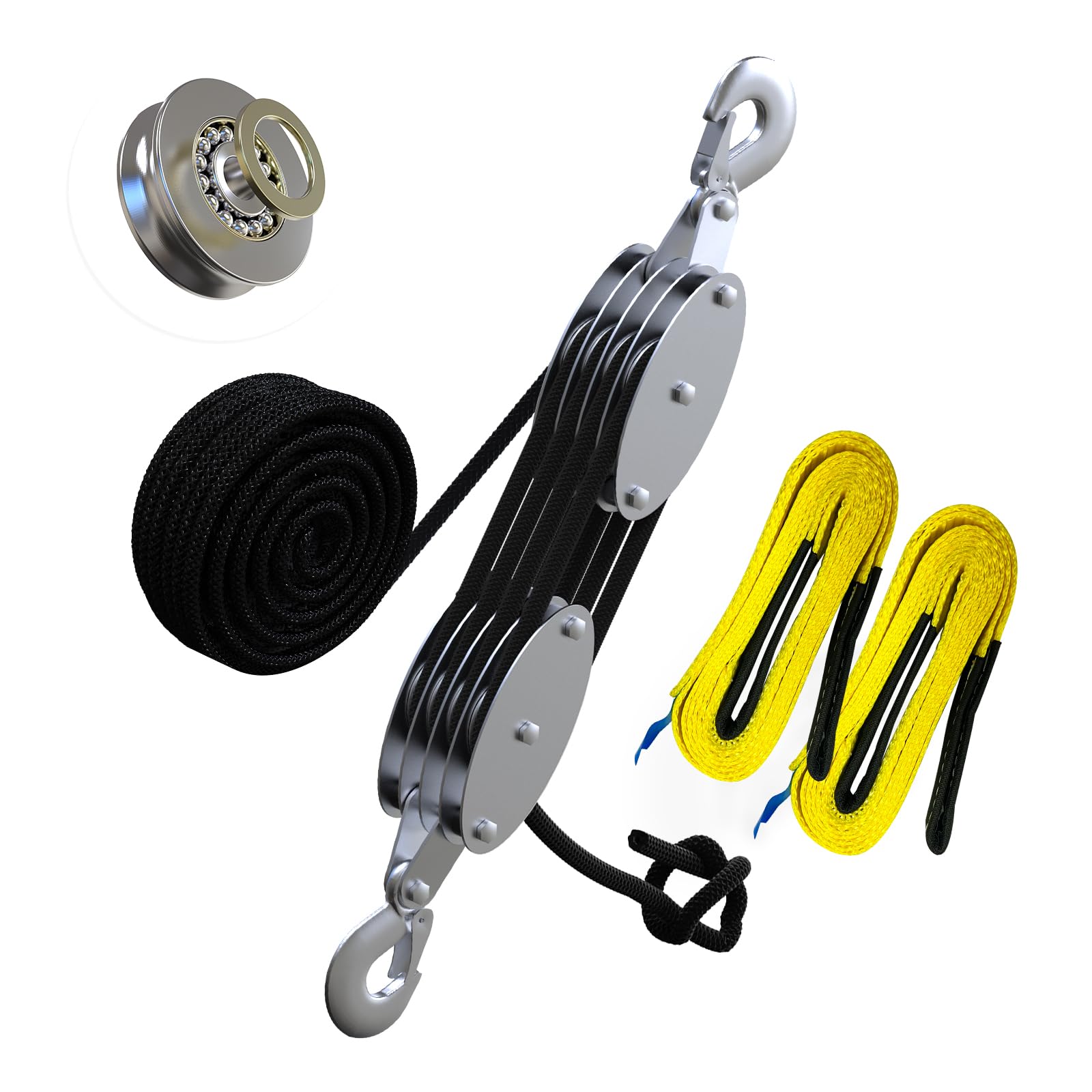 Photo 1 of YATOINTO Rope Hoist Pulley System with Metal Bearing, 4400LB Pulley Block and Tackle, 8:1 Lifting Power 65ft, Heavy Duty Pulley Block for Hunting Lifting Garage Warehouses Building (with 2PCs Straps)