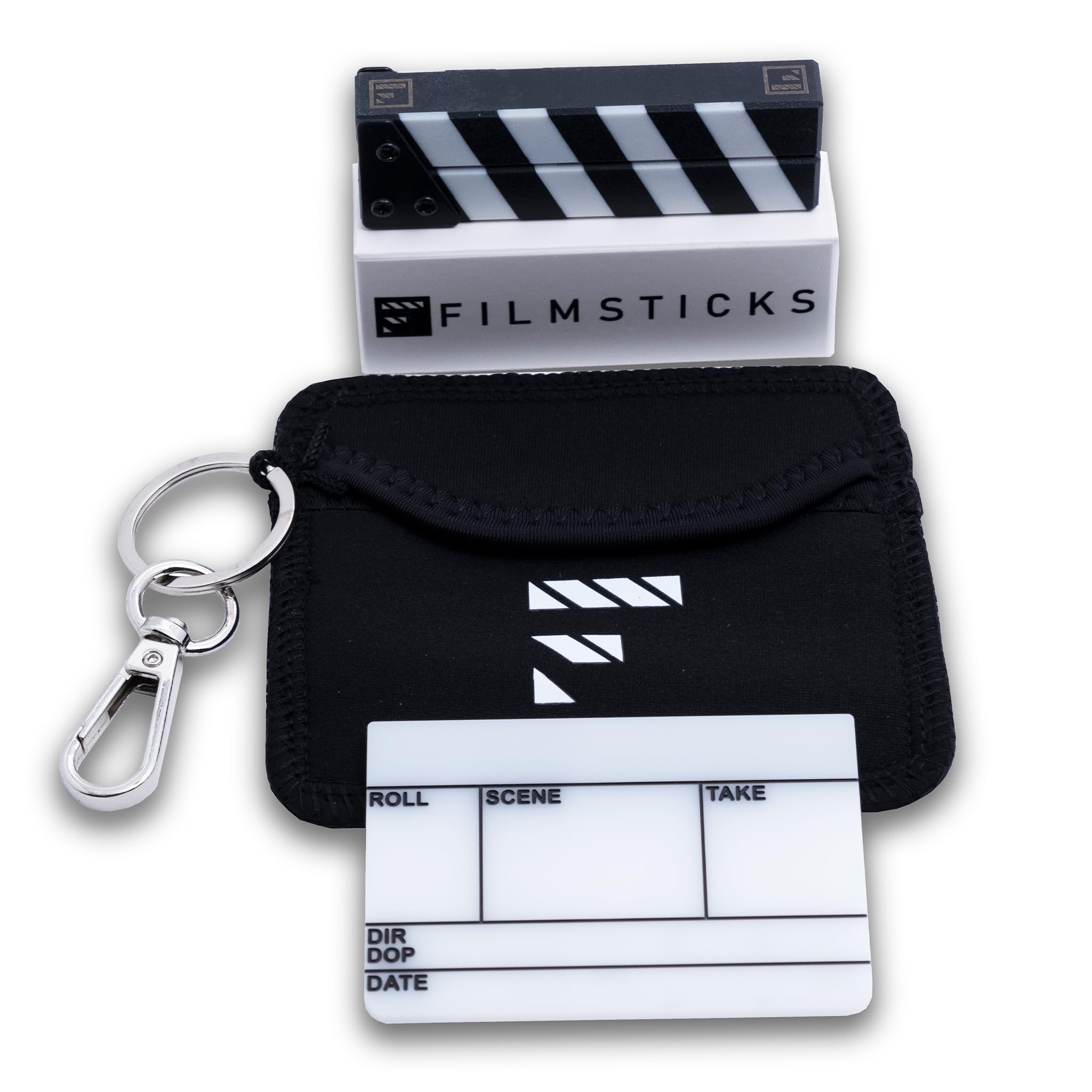 Filmsticks Premium Clapperboard Kit NANO EU Layout, 76x70 mm, Acrylic Film Slate with All Weather ABS Clapper Sticks, Compact Professional Movie Slate for Film and TV Production