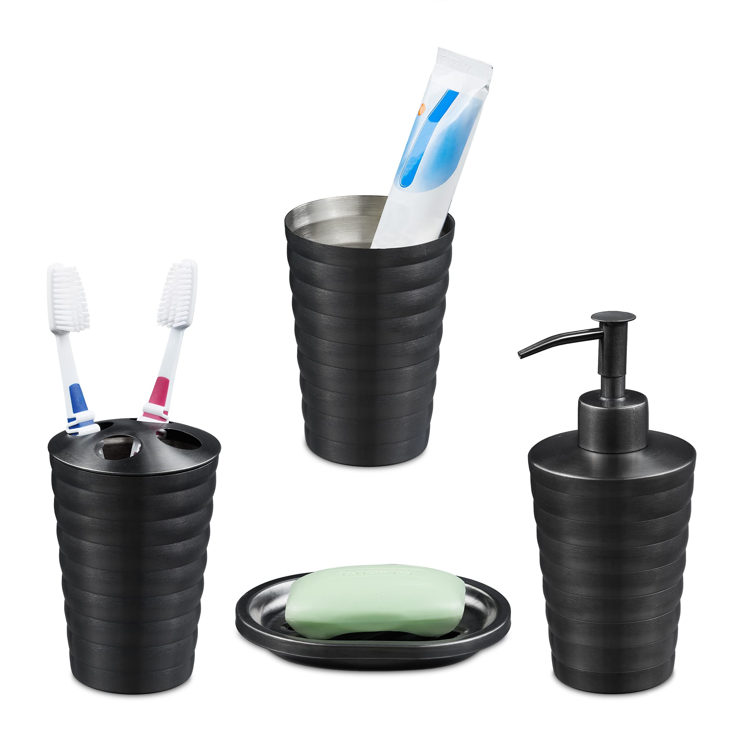 Relaxdays Bathroom Accessory Set, 4-Piece, Soap Dispenser, Dish, Toothbrush Holder, Cup, Stainless Steel, Anthracite