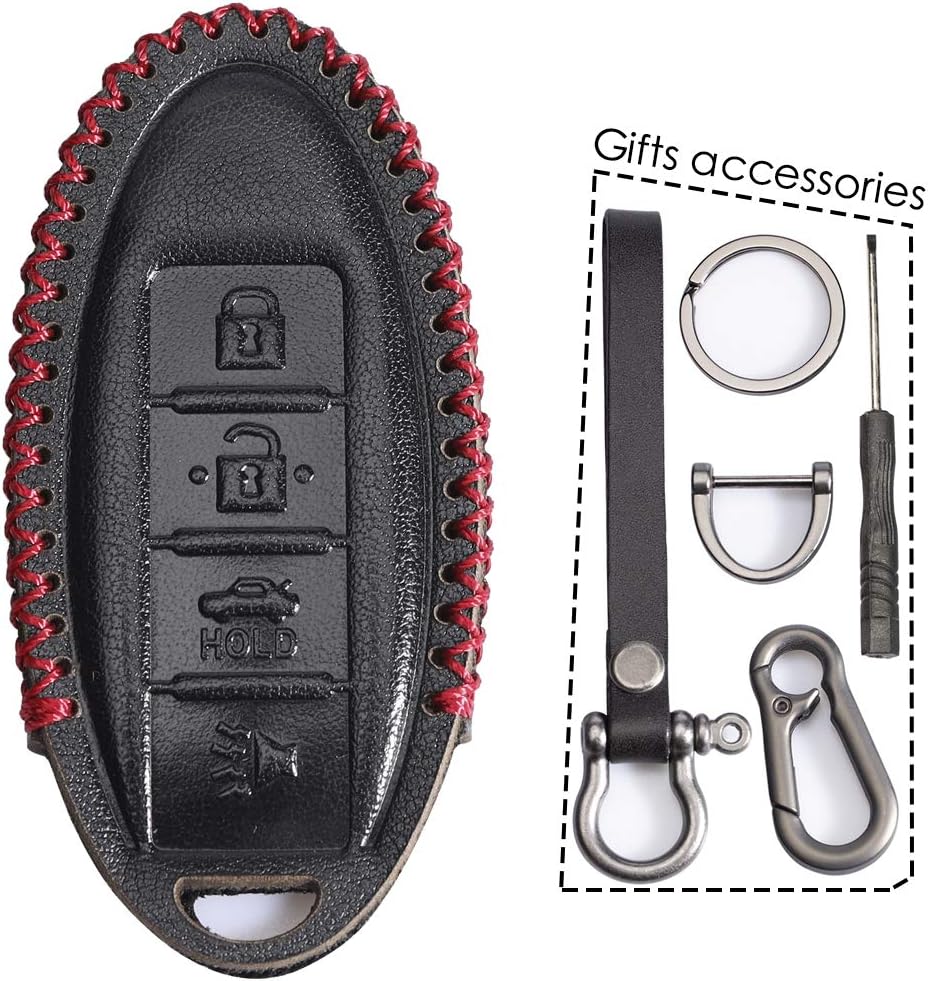 Lcyam Leather Key Fob Cover Black with Metal Keychain Holder Fits for Infiniti Q70 Qx80 Nissan Leaf Sentra Murano Maxima Altima Versa Rogue Remote 4button