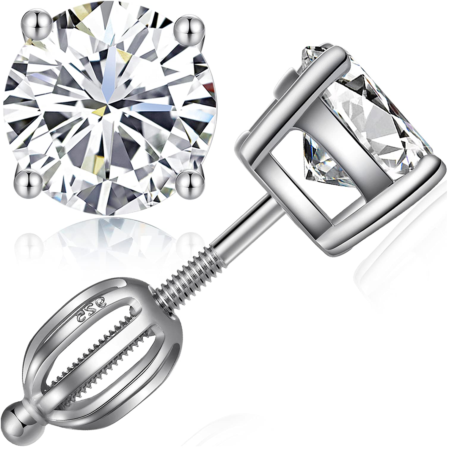 Mens Earrings Silver Diamond Studs Sterling Silver Stud Diamond Earring for Women Men Cubic Zirconia CZ Screw Earrings 5mm