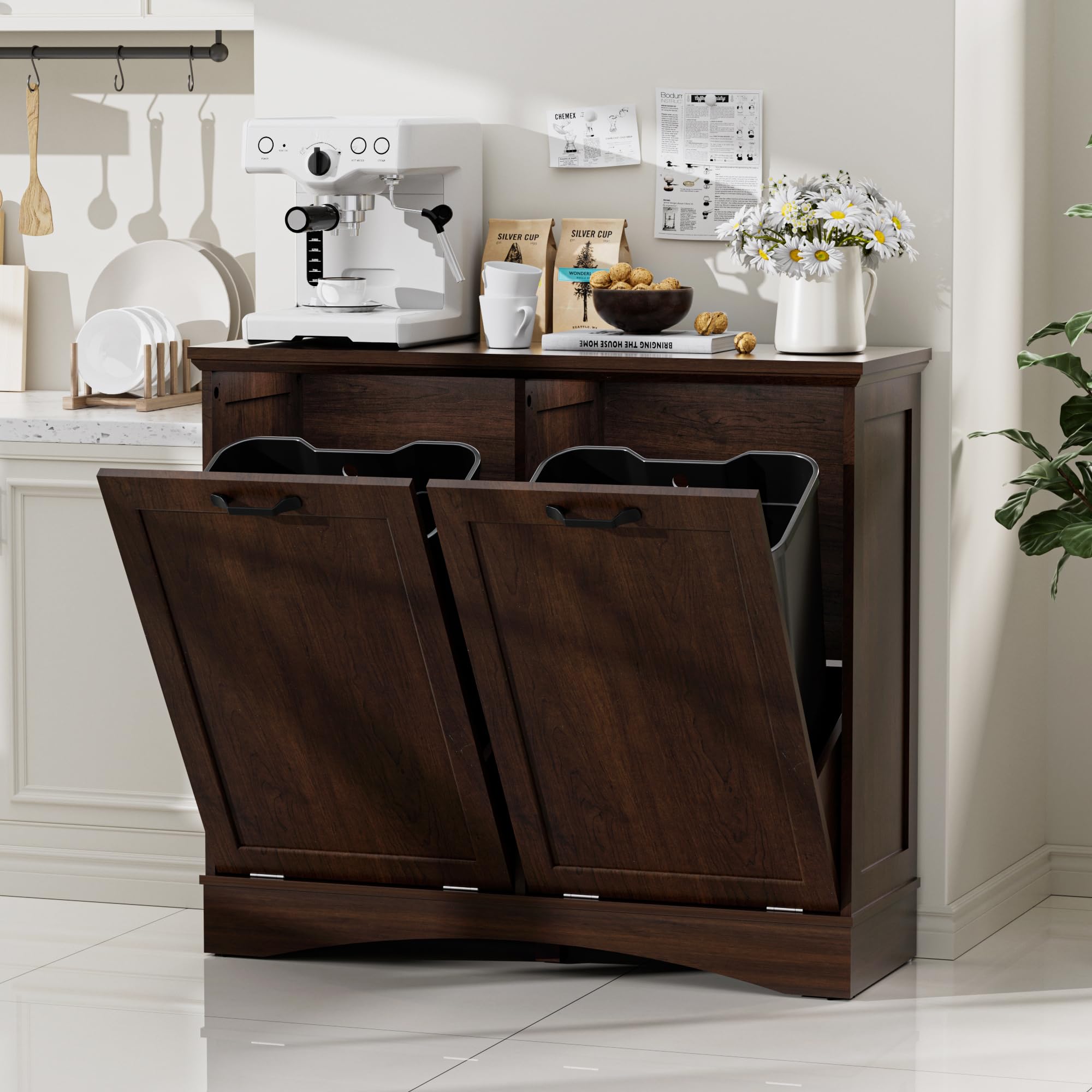 OUTGUAVA Double Tilt Out Trash Can Cabinet, Hidden Trash Can Cabinet 2 x 10 Gallon, Wooden Laundry Hamper Cabinet, Dog Proof Garbage Can Cabinet for Kitchen, Bathroom, Living Room (Coffee)