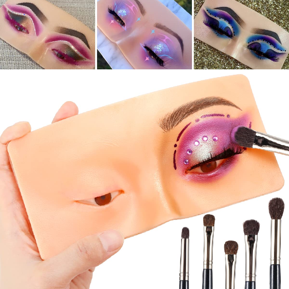 Afflano 5D Reusable Makeup Practice Face Board Eye Eyebrow Eyelash Eyeshadow Makeup Practice Pad Bionic Skin Silicone Mannequin with 5 Eyeshadow Brush Set, Perfect Aid to Practicing Makeup Training