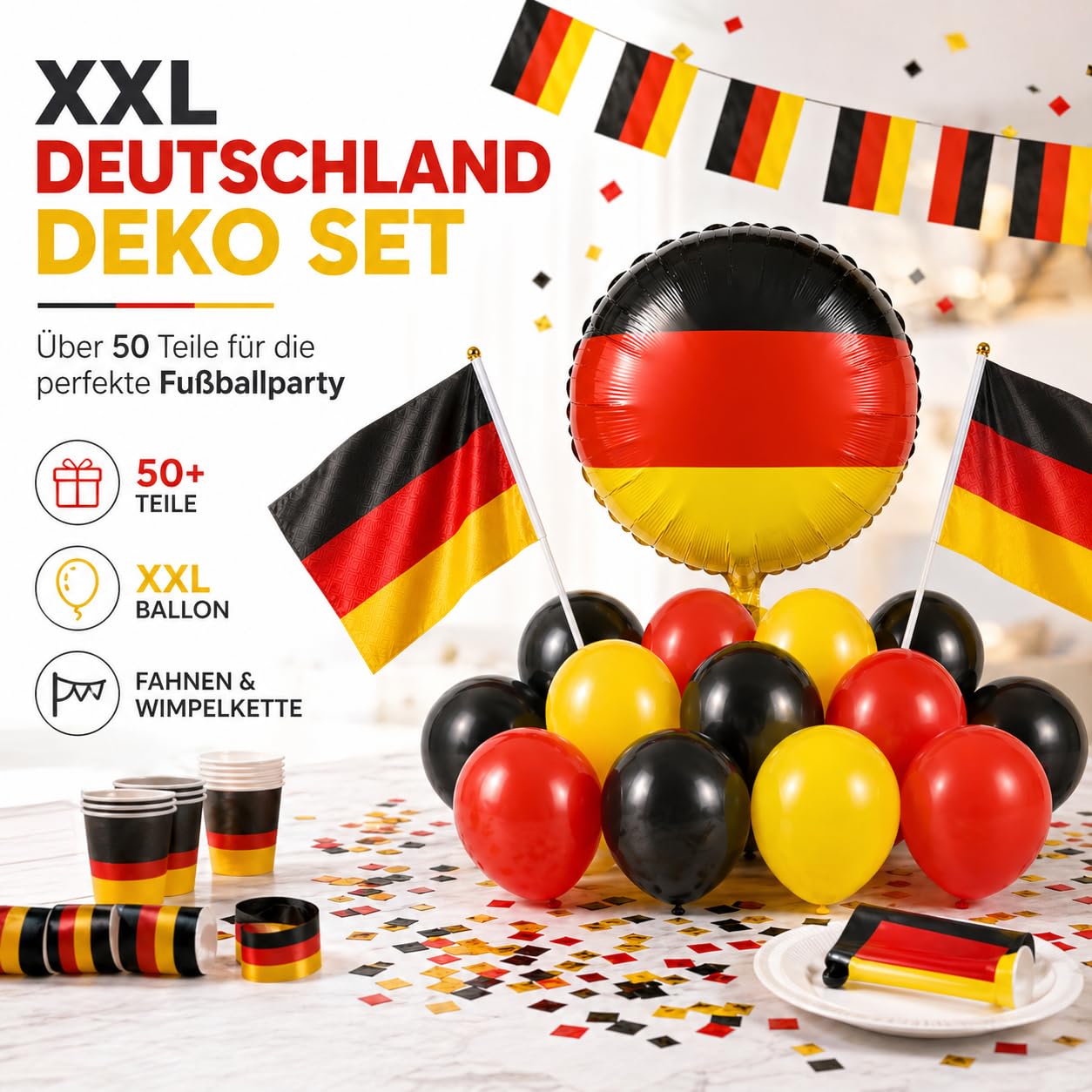 XXL Dekoset Fanartikel Deutschland Dekoration Set - Luftballons uvm. mit über 50 Teilen für Fußball WM 2026 2