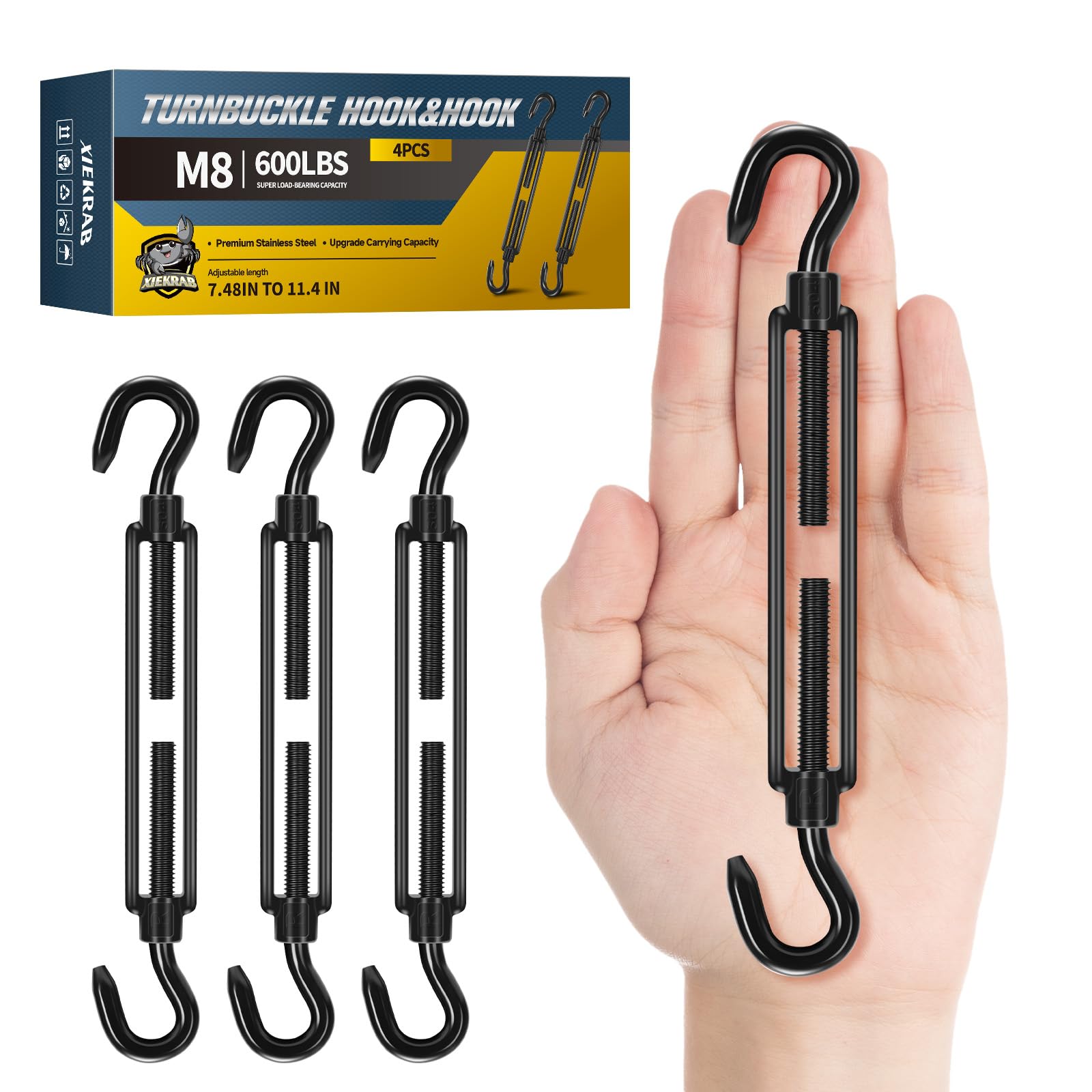 Photo 1 of 4Pcs M8 304 Stainless Steel Hook & Turnbuckle Hook, 600lbs Capacity Heavy Duty Black Turnbuckles for Wire Rope Tension, Sun Shade Tent Hardware, Shade Sail Installation.