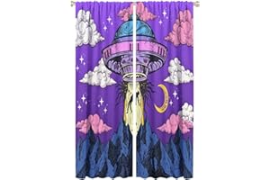 BENYASONG UFO Blackout Window Curtain Unique Fun Alien Astronaut Galaxy Space Starry Sky Forest for Kids Boy Girl Baby Bedroom Nursery Living Room Decor Drapes 2 Panels 42x63in Decor