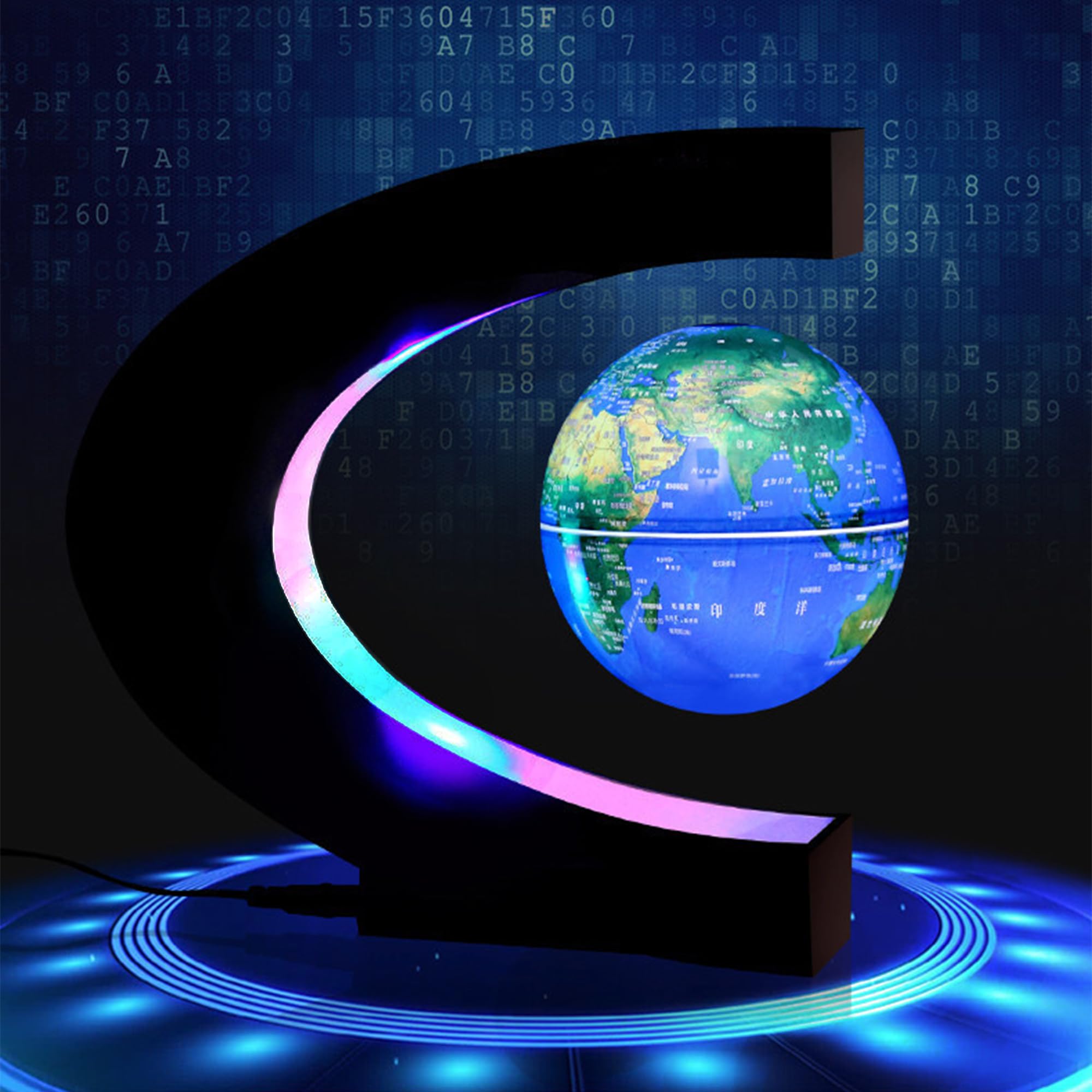 MINGZE Globe Magnetic Floating C Shape Magnetic Levitation Floating Globe Maglev Globes World Map for Teaching Home Office Desk Decoration Birthday Present for Kids Valentine's Day gift