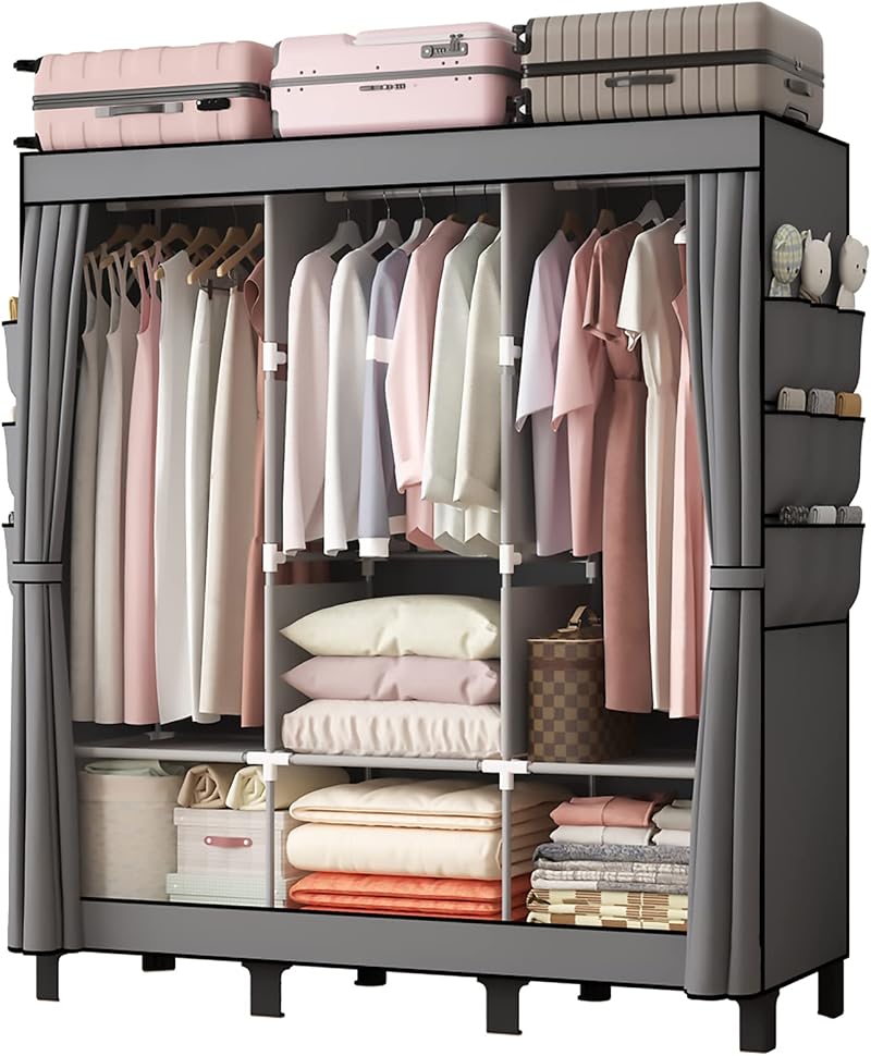 LOEFME Canvas Wardrobe 172x130x45cm, Grey, 2 Hanging Rails & 18 Bags