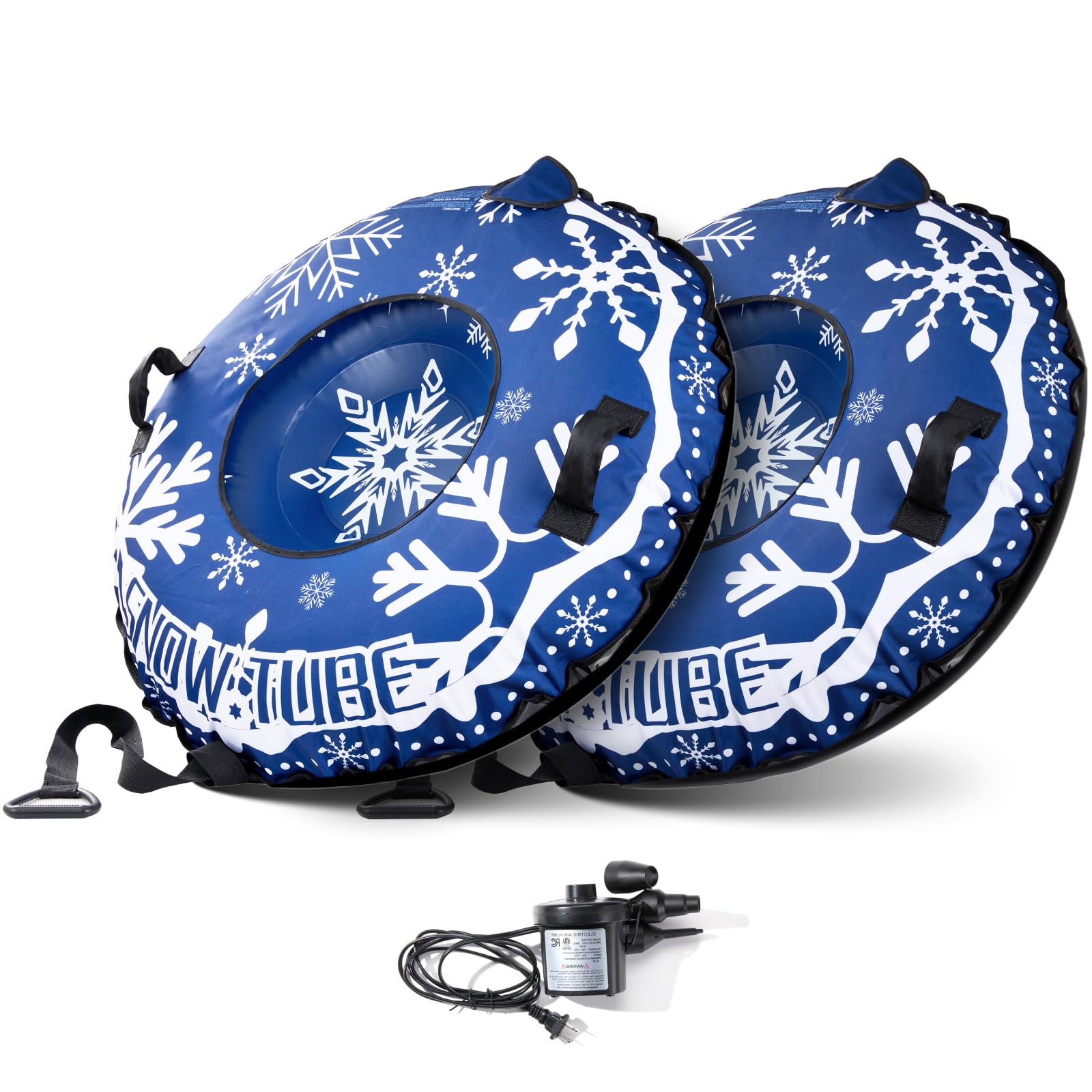 Photo 1 of 2 Pcs Snow Tube Sled with Canvas Cover for Heavy Duty, with Electric Air Pump, Inflatable Winter Sledding Tube with Handles and Thickened Bottom for Kids Adults, Blue Snowflake Design