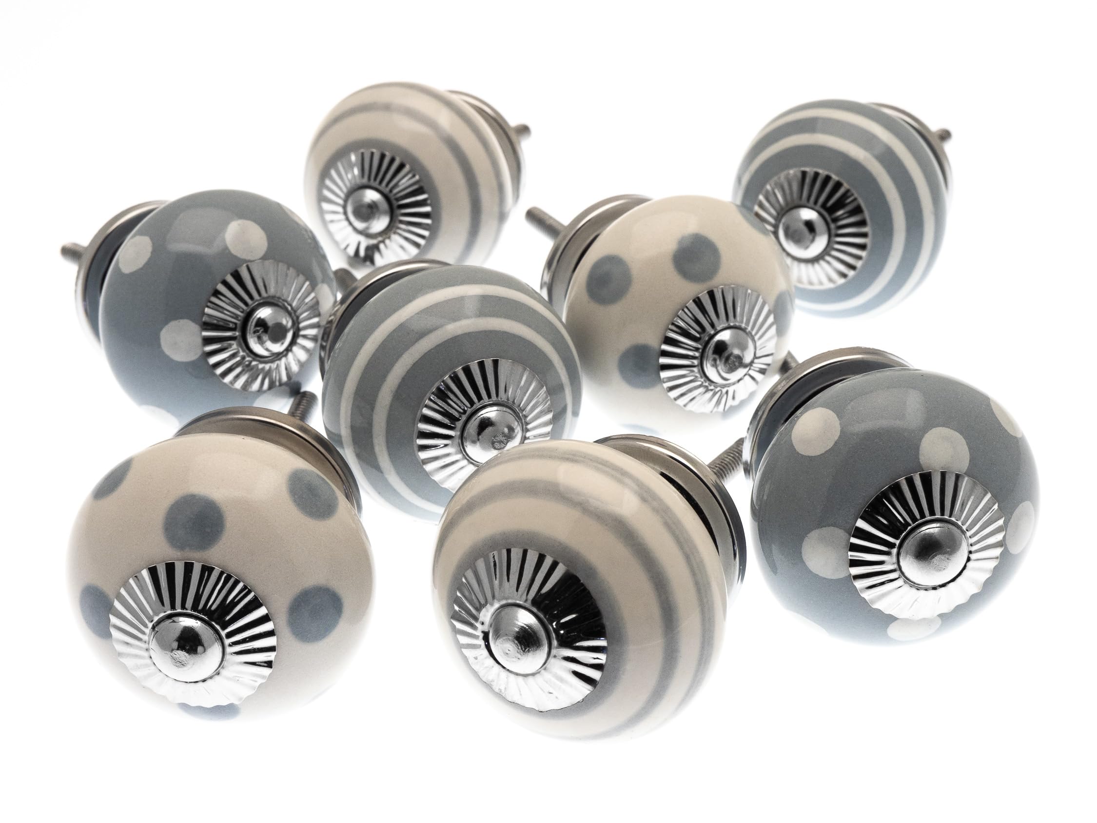 Mango Tree Cupboard Knobs - Decorative Whisper Grey and White with Dots, Spots and Stripes Ceramic Door and Drawer Handles – Vintage Home Décor Set of 8