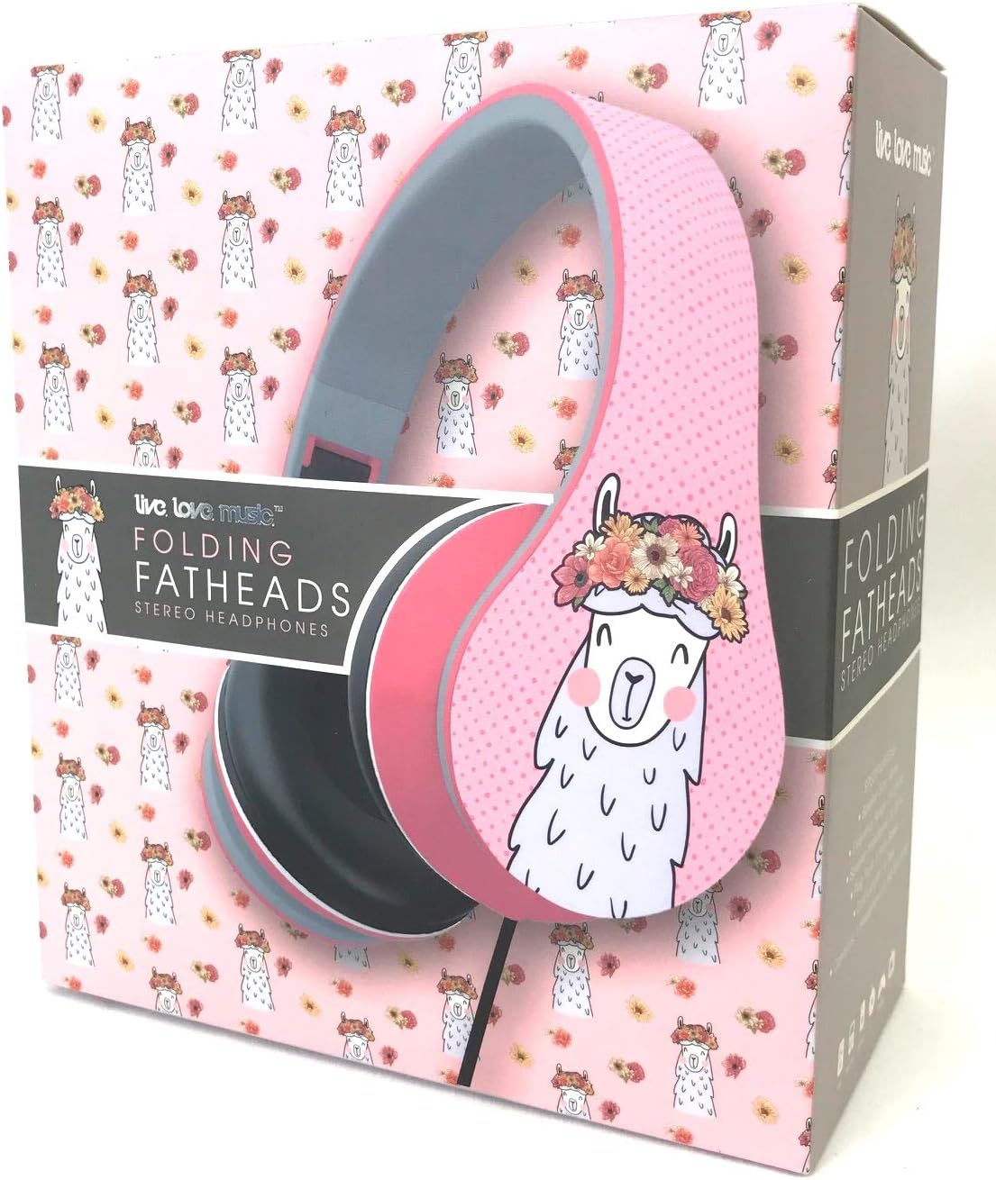 Folding Fatheads Headphones Llama Flower Design Live Love Music