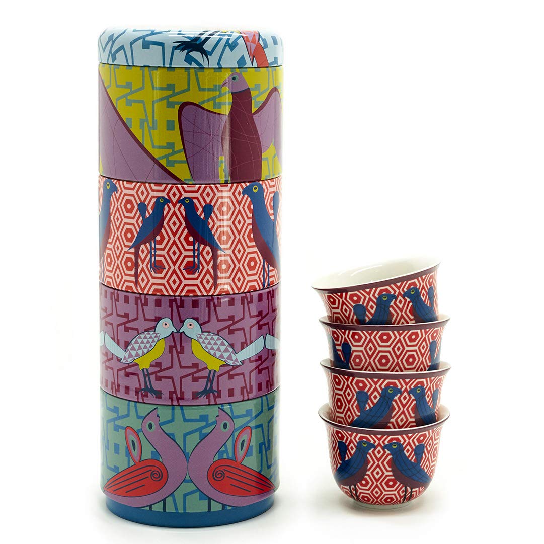 Images D'Orient Gift Set 2 in 1 Metal Cans with 4x60 ml Porcelain Ceramic Espresso Cups Mugs Mocca Cups Paradise Birds Vintage Coffee Kitchen Tableware Dishes