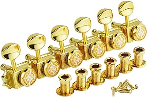 Guyker 6-in-line Vintage Guitar Lock String Tuners – Locking Tuning Key Pegs Machine Heads Replacement Parts for ST TL Style Electric Guitars Gear Ratio 1:15 – gold
