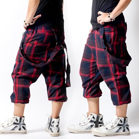Amazon チェックパンツ メンズ カーゴパンツ サスペンダー付 Wウエスト 赤 青 クロップドパンツ Mサイズ ２ ロングパンツ 通販