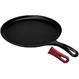 Cast Iron Round Griddle - 10.5” Crepe Pan - Pre-Seasoned Skillet with Silicone Handle Grip- Grill, Oven, Stove Top and Induct