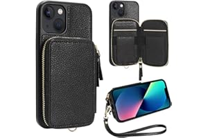 ZVE for iPhone 13 Wallet Case with Wristlet, Zipper Leather Case with RFID Blocking Card Holder Slots Purse, Protective Carrying Cover for iPhone 13 6.1" (2021) - Black