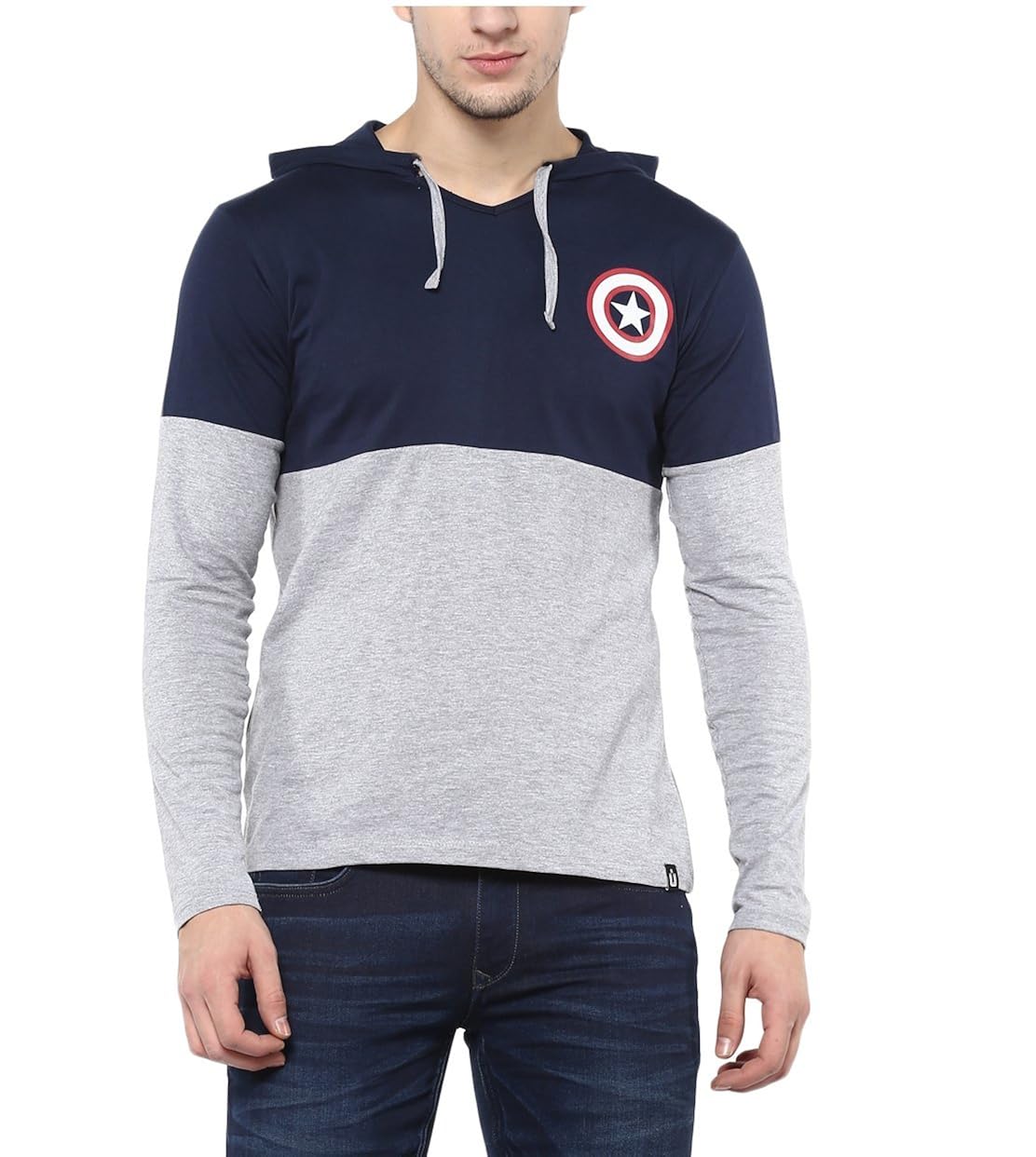 urbano fashion men's navy blue & grey superhero (captain america) hooded neck full sleeve t-shirt