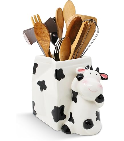Porta Utensili Da Cucina In Ceramica MONMON – A Forma Di Mucca Stile Farmhouse – 14,5 X 15,5 Cm - 2
