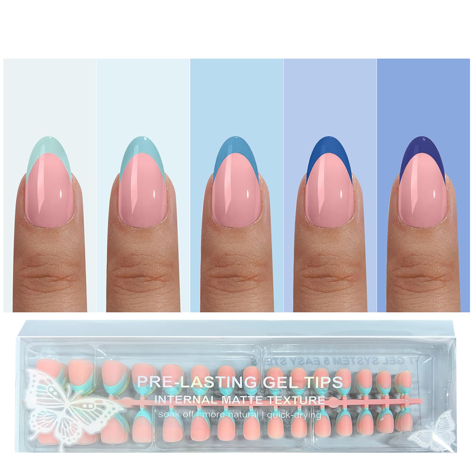 Photo 1 of 150pcs French Tip Press on Nails,OPkssnails Blue Press On Nails Short Almond Nail Tips, Pre-lasting Soft Gel Acrylic False Nails Gift for DIY 15 Sizes
