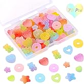 UHOMENY 70 Pcs Mixed Candy Charms Soft Jelly Sugar Resin Flatback Beads Pendants Mini Assorted Jelly Buttons Heart Star Candy Bear Doughnut Shaped Charm with Box for DIY Crafts Phone Case Nail Art