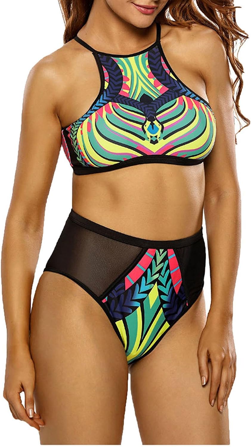 Coolweary Women's&Ladies&Girl's Egypt Digital Printing Cup Cotton Detachable high Waist tria Bikini Swimsuit